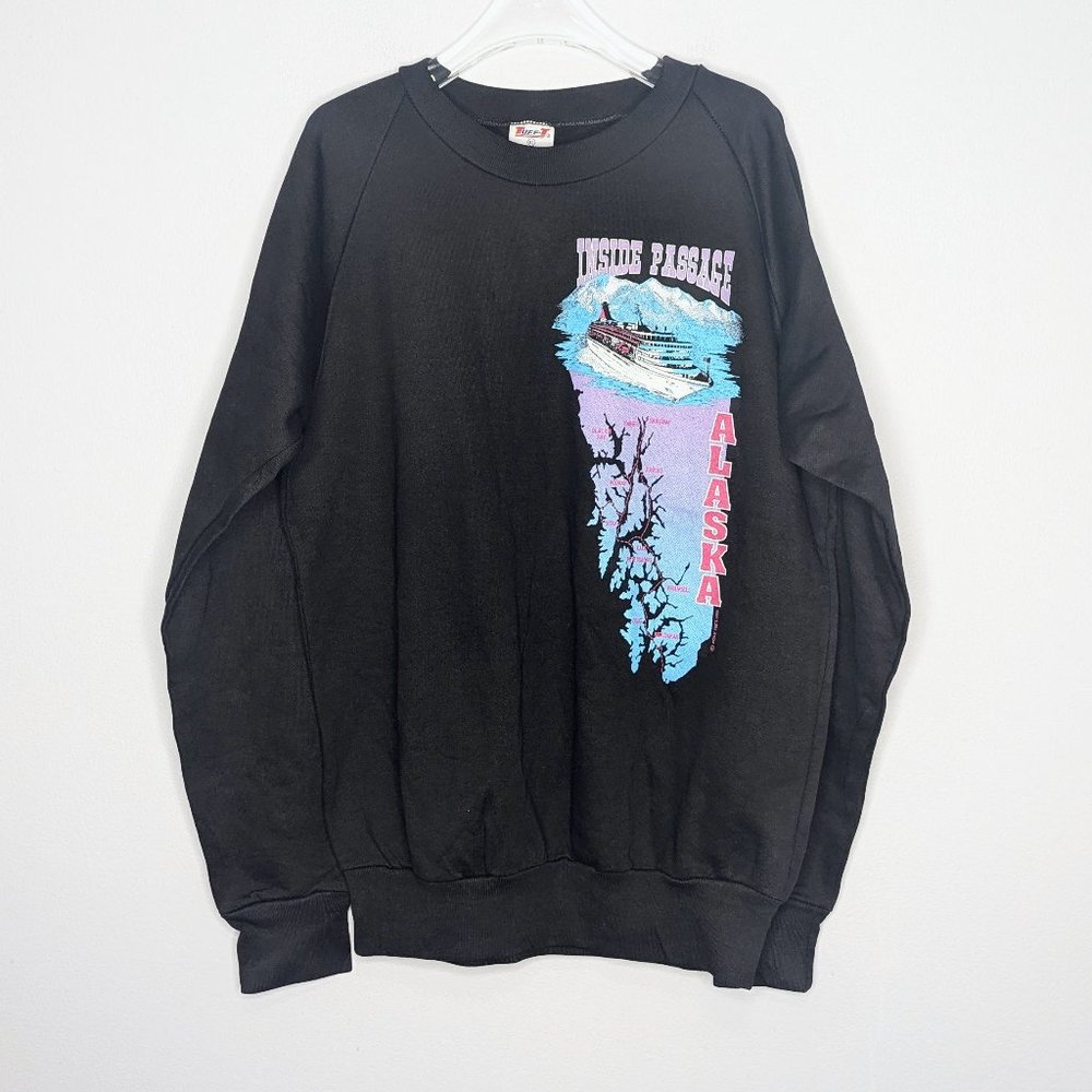 Vintage Black Graphic Print Crewneck Sweatshirt Alaska Inside Passage Pastel XL